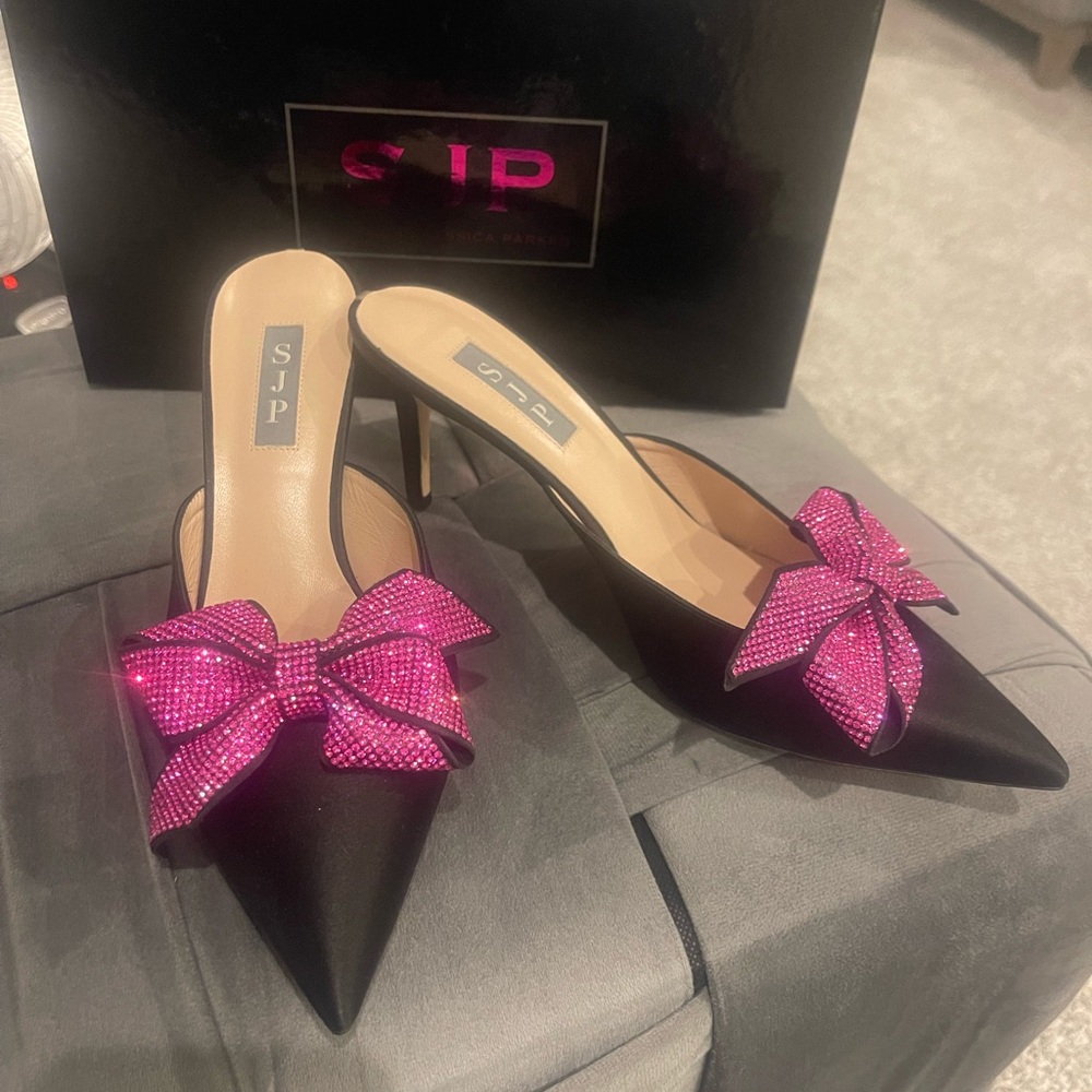 Women's Black and Pink Bow Heels